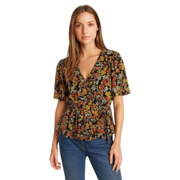 Madewell Small Short Sleeve Peplum Wrap Top in Flower Garden Print - Picture 1 of 5